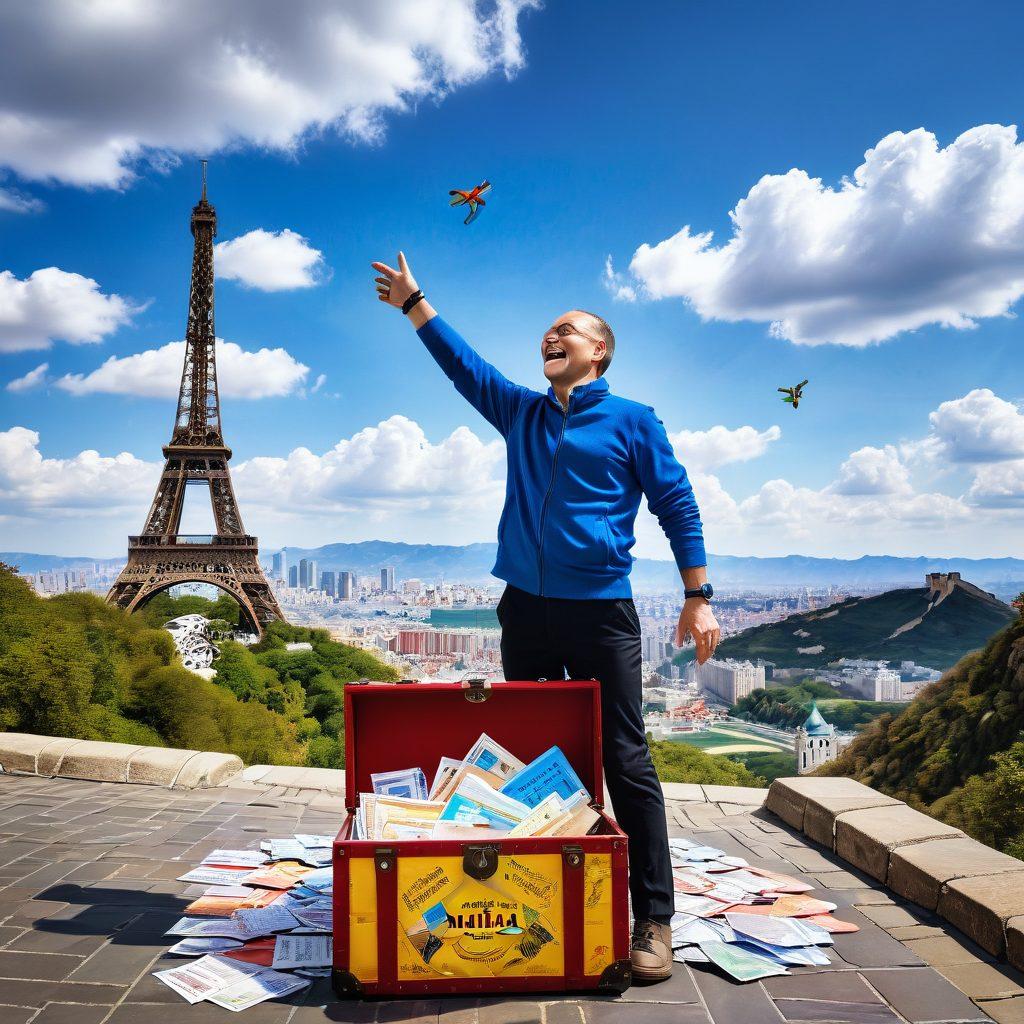 A traveler joyfully discovering a treasure chest overflowing with airline tickets and travel vouchers, set against a bright blue sky with fluffy white clouds. In the background, iconic landmarks from around the world, such as the Eiffel Tower and the Great Wall, are visible. The atmosphere conveys excitement and adventure, with elements of a map and compasses subtly integrated. Vector art. vibrant colors.