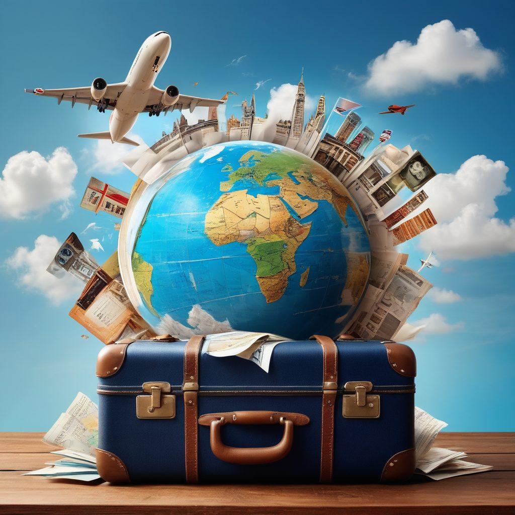 A dynamic collage showcasing various travel elements: a globe, a smartphone displaying a flight search app, and a calendar with marked travel dates. Include a background of a bright blue sky with scattered clouds, symbolizing freedom and adventure. Overlay images of discounted flight tickets and luggage bursting with travel essentials. Engage with vibrant colors to evoke excitement about travel. super-realistic. vibrant colors. 3D.