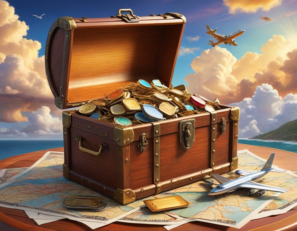 A captivating illustration of a golden key unlocking a large, ornate treasure chest overflowing with airplane tickets and travel brochures. In the background, a vibrant sky filled with clouds and flying airplanes, symbolizing budget-friendly travel options. The chest is set on a map of the world, highlighting various destinations. The scene should evoke excitement and the thrill of discovering hidden travel deals. super-realistic. vibrant colors. 3D.